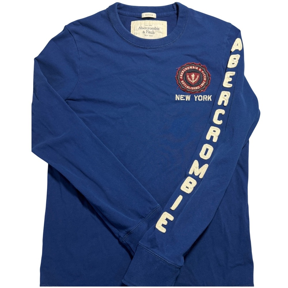 Y2K Abercrombie & Fitch Mens Muscle Fit Long Sleeve Graphic Tee Blue Small Crest